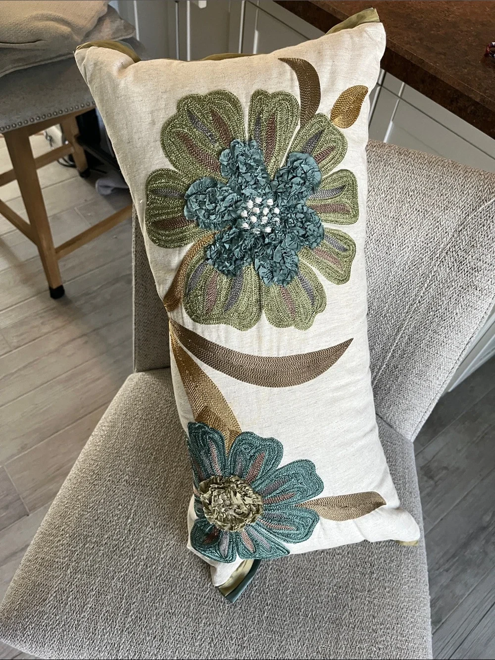 Pier 1 floral embroidered textured  boho lumbar pillow olive teal ribbon trim